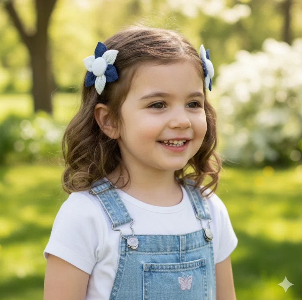 Girls Handmade Navy Blue/White Floral 2pc Hair Clip Set- Brand New